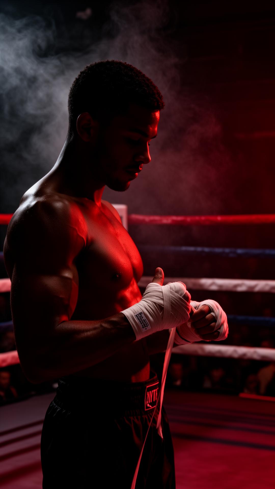 Boxer wrapping hands in dramatic red ring lighting